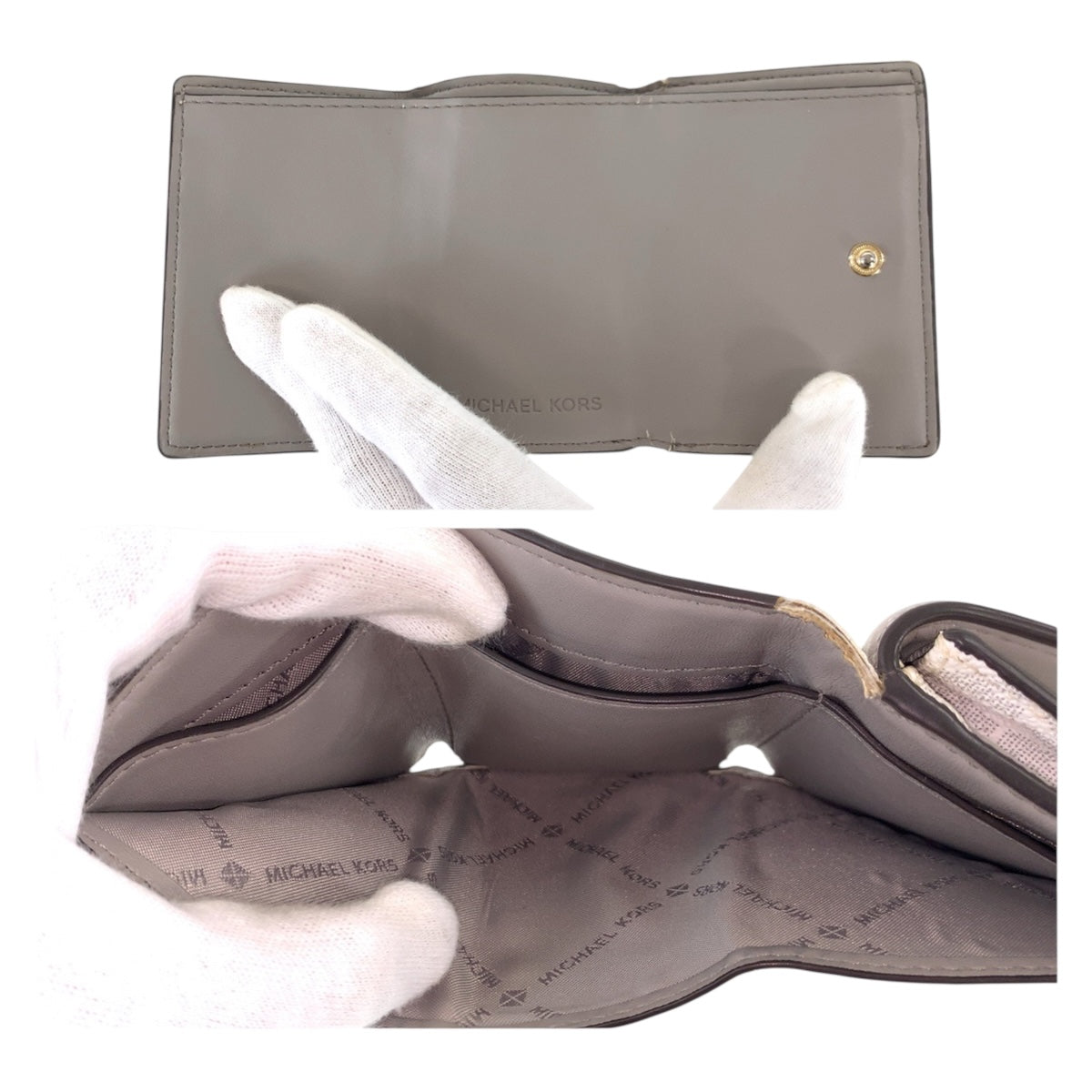 22479
Michael Kors マイケルコース グレー ホワイト ゴールド金具 レザー / PVC 折財布 コンパクトウォレット レディース AB3