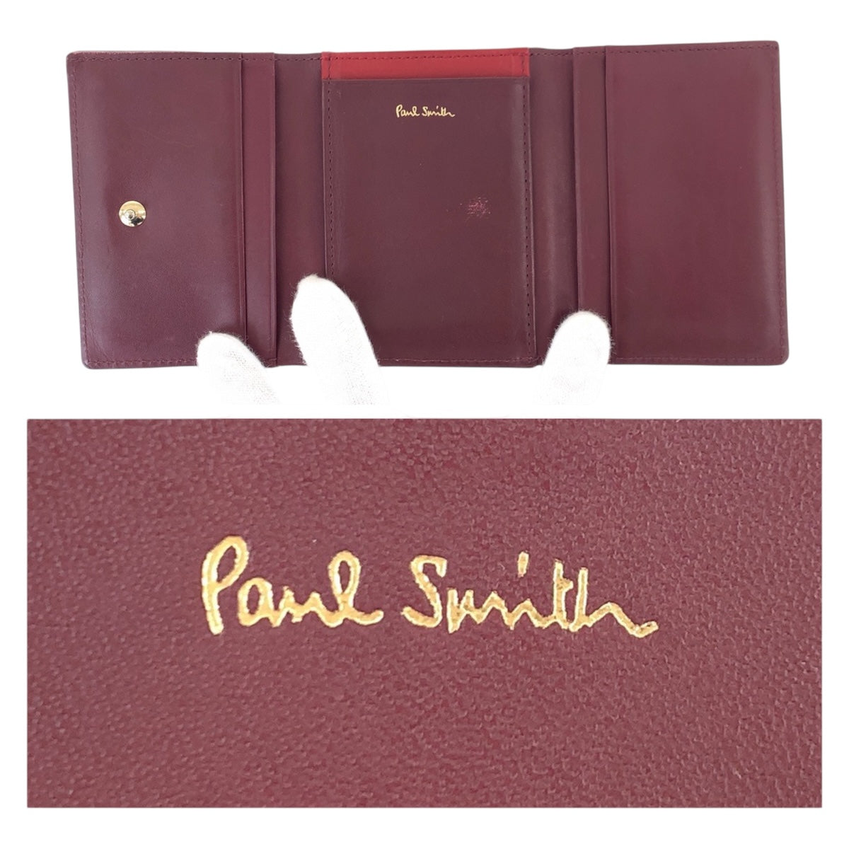 22499
Paul Smith ポール スミス マルチストライプタブ ブラウン ボルドー ゴールド金具 レザー 折財布 コンパクトウォレット レディース AB1