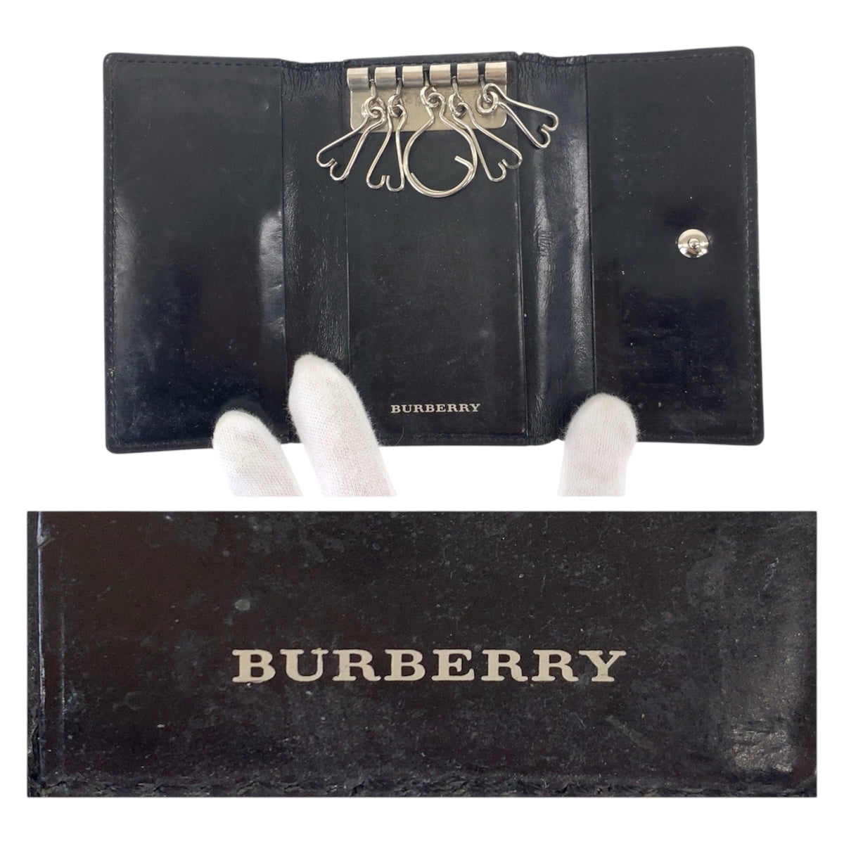 22504
BURBERRY バーバリー 5連 ブラック 黒 シルバー金具 エナメル キーケース 男女兼用 メンズ B1