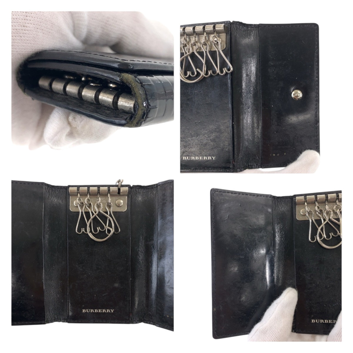 22504
BURBERRY バーバリー 5連 ブラック 黒 シルバー金具 エナメル キーケース 男女兼用 メンズ B1