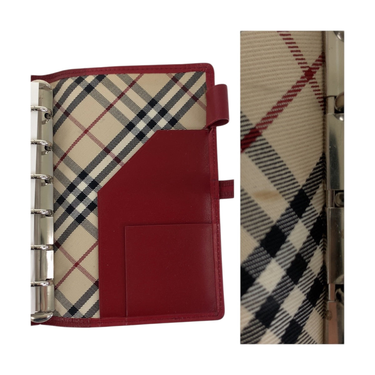 22508
BURBERRY バーバリー チェック柄 レッド シルバー金具 レザー 手帳カバー レディース AB4