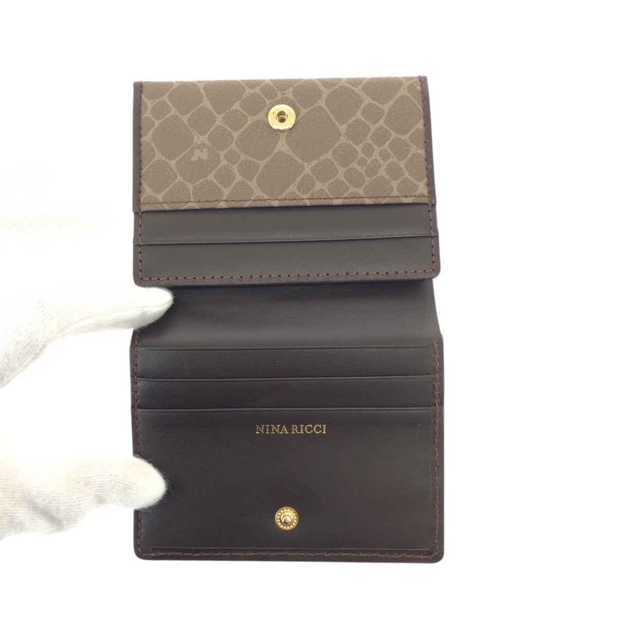22528
NINA RICCI Brown Khaki Gold Hardware Leather Bi-fold Wallet Compact Wallet Women's ABP1