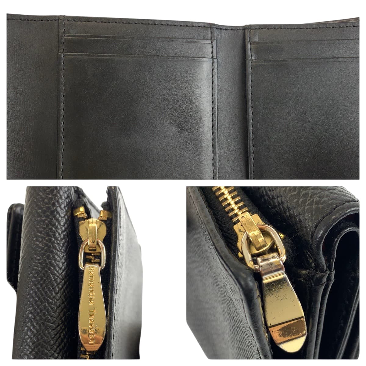 22529
Samantha Thavasa サマンサタバサ ビジュー ブラック 黒 ゴールド金具 レザー 折財布 コンパクトウォレット レディース ABP1