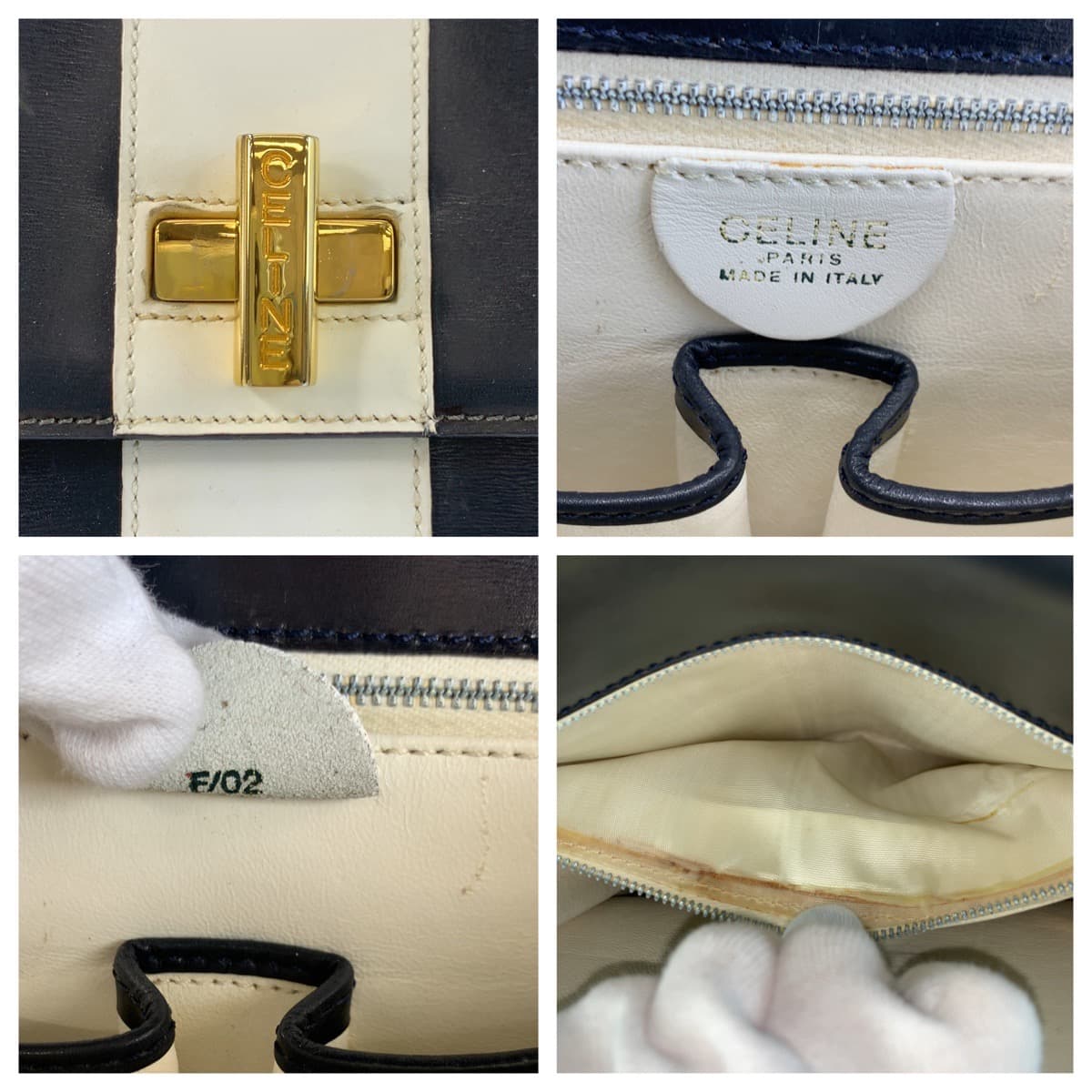 22535
CELINE セリーヌ ヴィンテージ ターンロック ストライプ ホワイト ブラック ゴールド金具 レザー F/02 ハンドバッグ レディース AB90