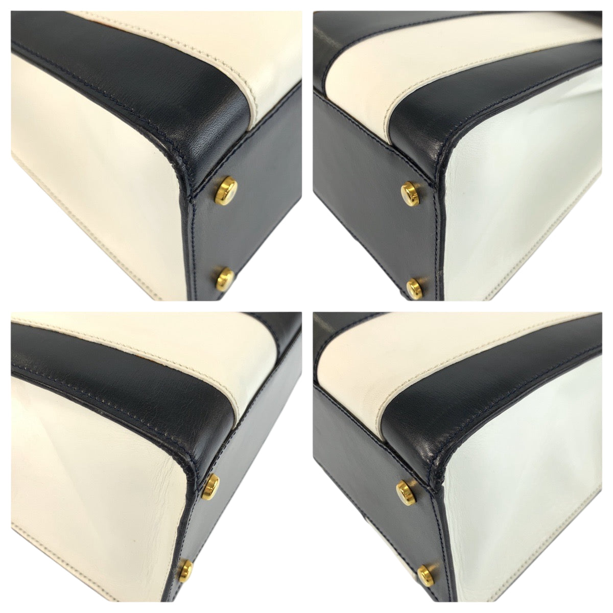 22535
CELINE セリーヌ ヴィンテージ ターンロック ストライプ ホワイト ブラック ゴールド金具 レザー F/02 ハンドバッグ レディース AB90