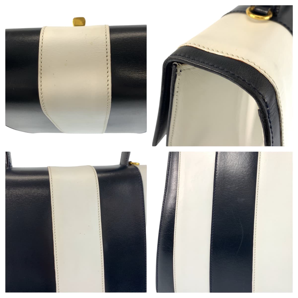 22535
CELINE セリーヌ ヴィンテージ ターンロック ストライプ ホワイト ブラック ゴールド金具 レザー F/02 ハンドバッグ レディース AB90