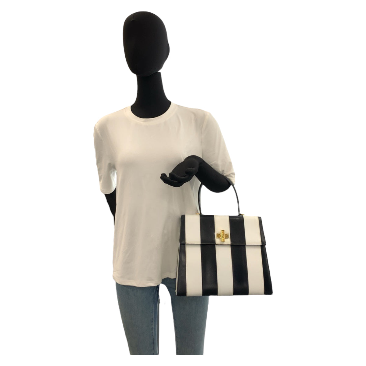 22535
CELINE セリーヌ ヴィンテージ ターンロック ストライプ ホワイト ブラック ゴールド金具 レザー F/02 ハンドバッグ レディース AB90