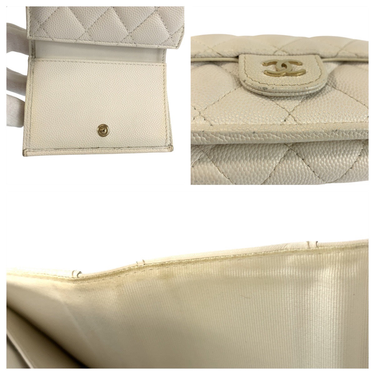 22572
CHANEL シャネル マトラッセ ココマーク ホワイト ゴールド金具 レザー 三つ折り財布 折財布 コンパクトウォレット レディース ABP70