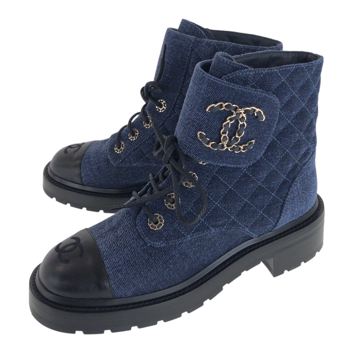 22579
CHANEL シャネル マトラッセ ココマーク サイズ38C ネイビー ブラック ゴールド金具 ベルベット / レザー G36424 ブーツ ショートブーツ レディース A110