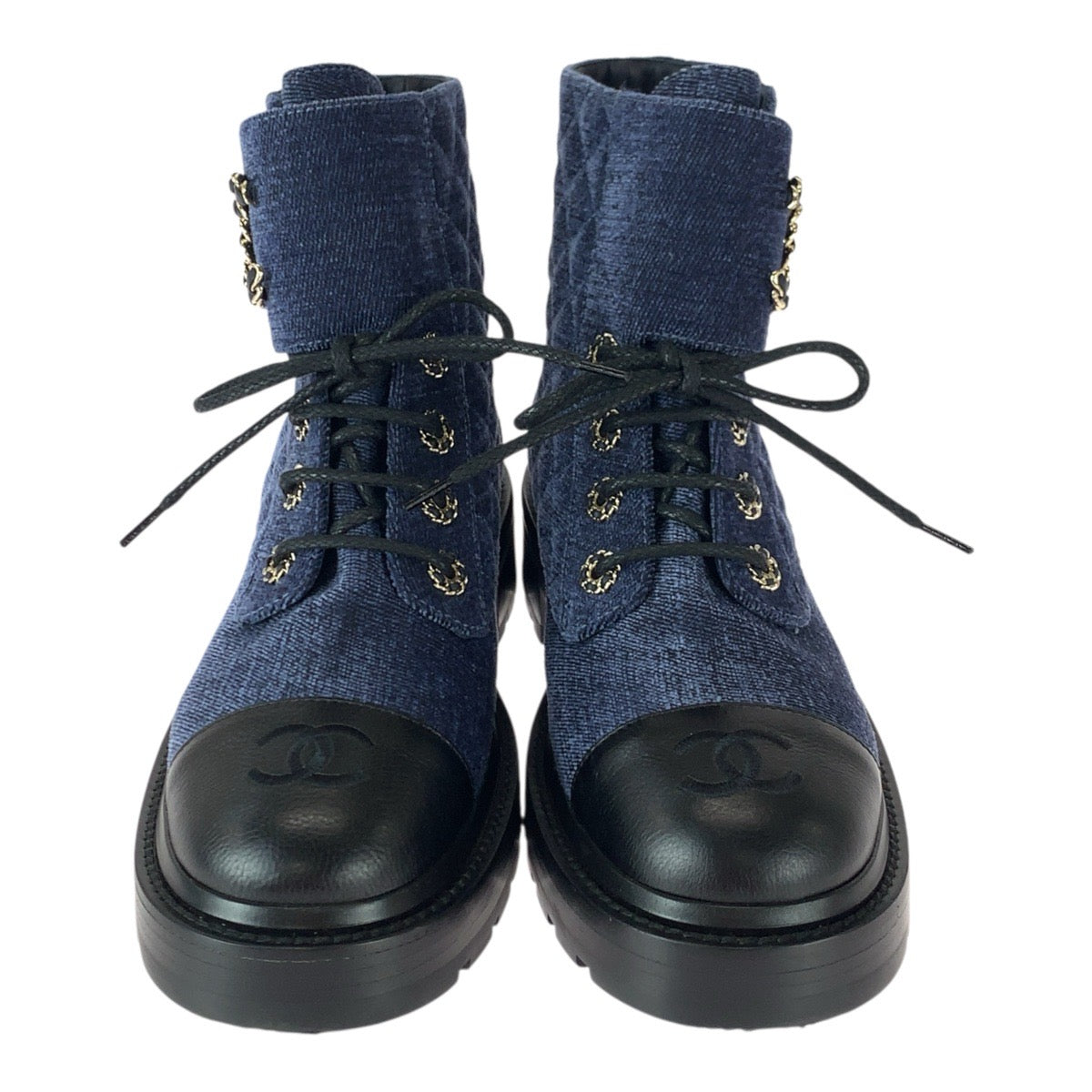 22579
CHANEL シャネル マトラッセ ココマーク サイズ38C ネイビー ブラック ゴールド金具 ベルベット / レザー G36424 ブーツ ショートブーツ レディース A110