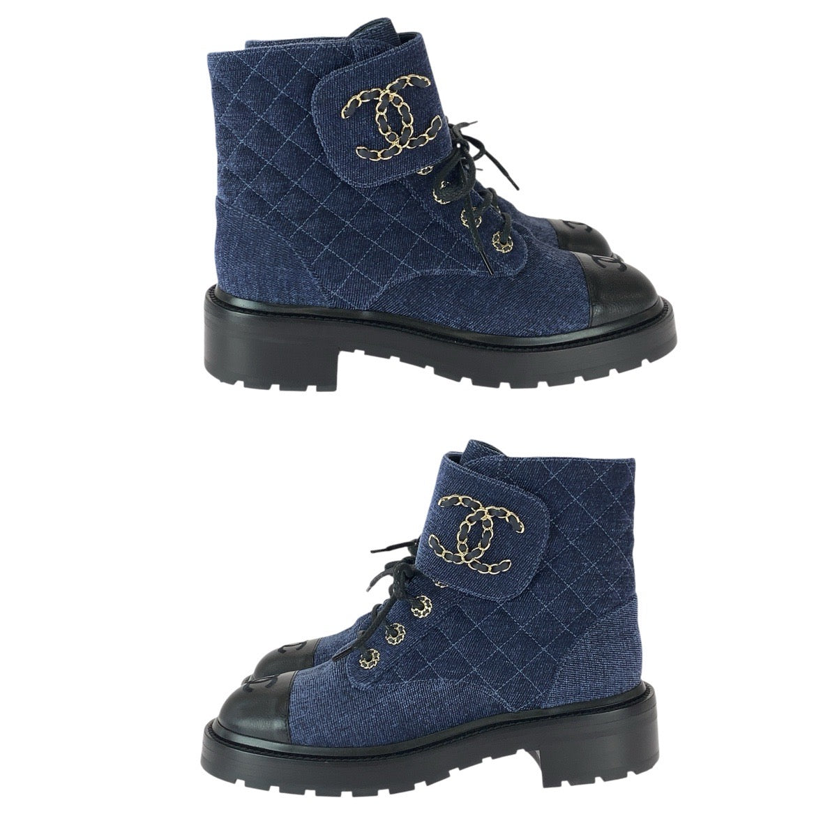 22579
CHANEL シャネル マトラッセ ココマーク サイズ38C ネイビー ブラック ゴールド金具 ベルベット / レザー G36424 ブーツ ショートブーツ レディース A110