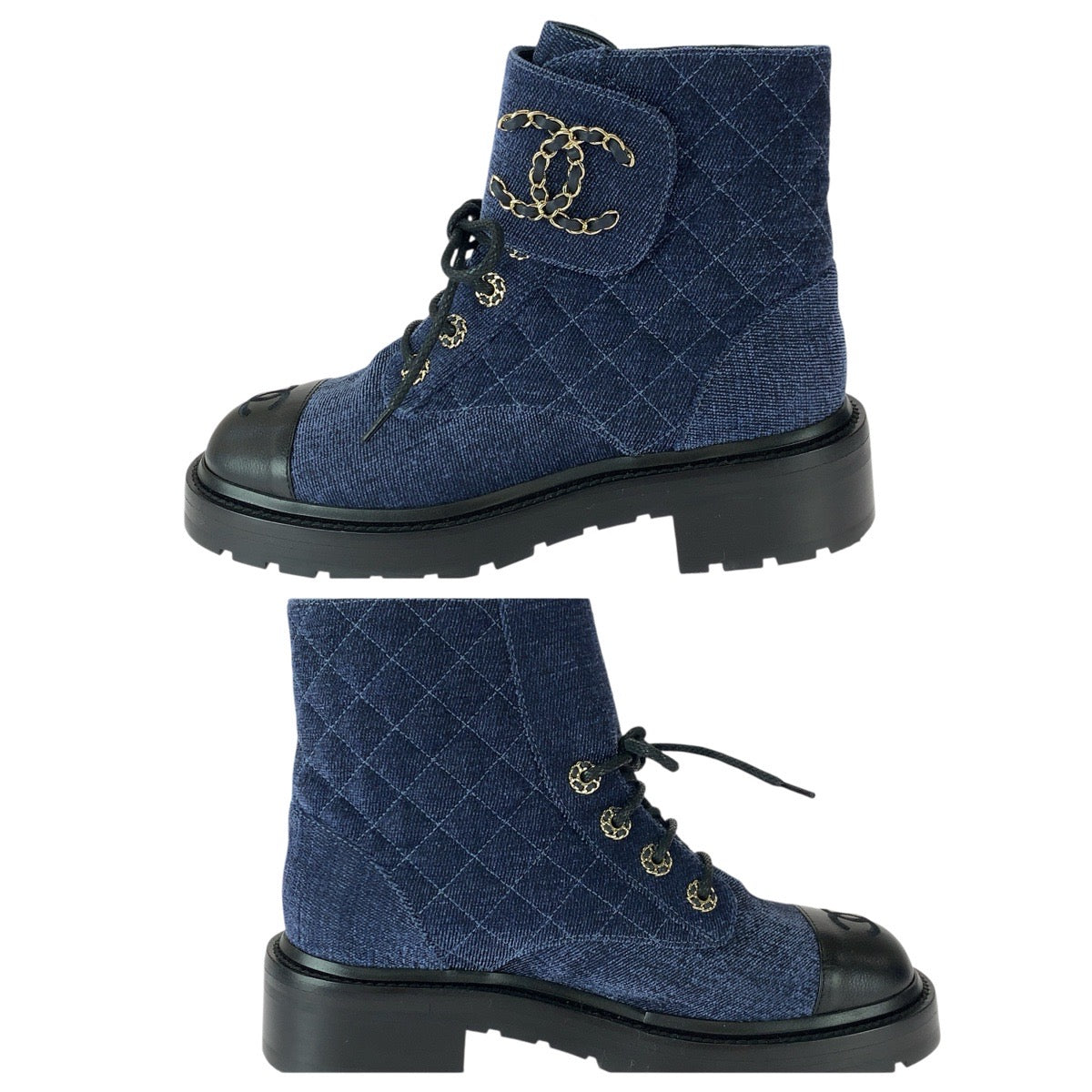 22579
CHANEL シャネル マトラッセ ココマーク サイズ38C ネイビー ブラック ゴールド金具 ベルベット / レザー G36424 ブーツ ショートブーツ レディース A110