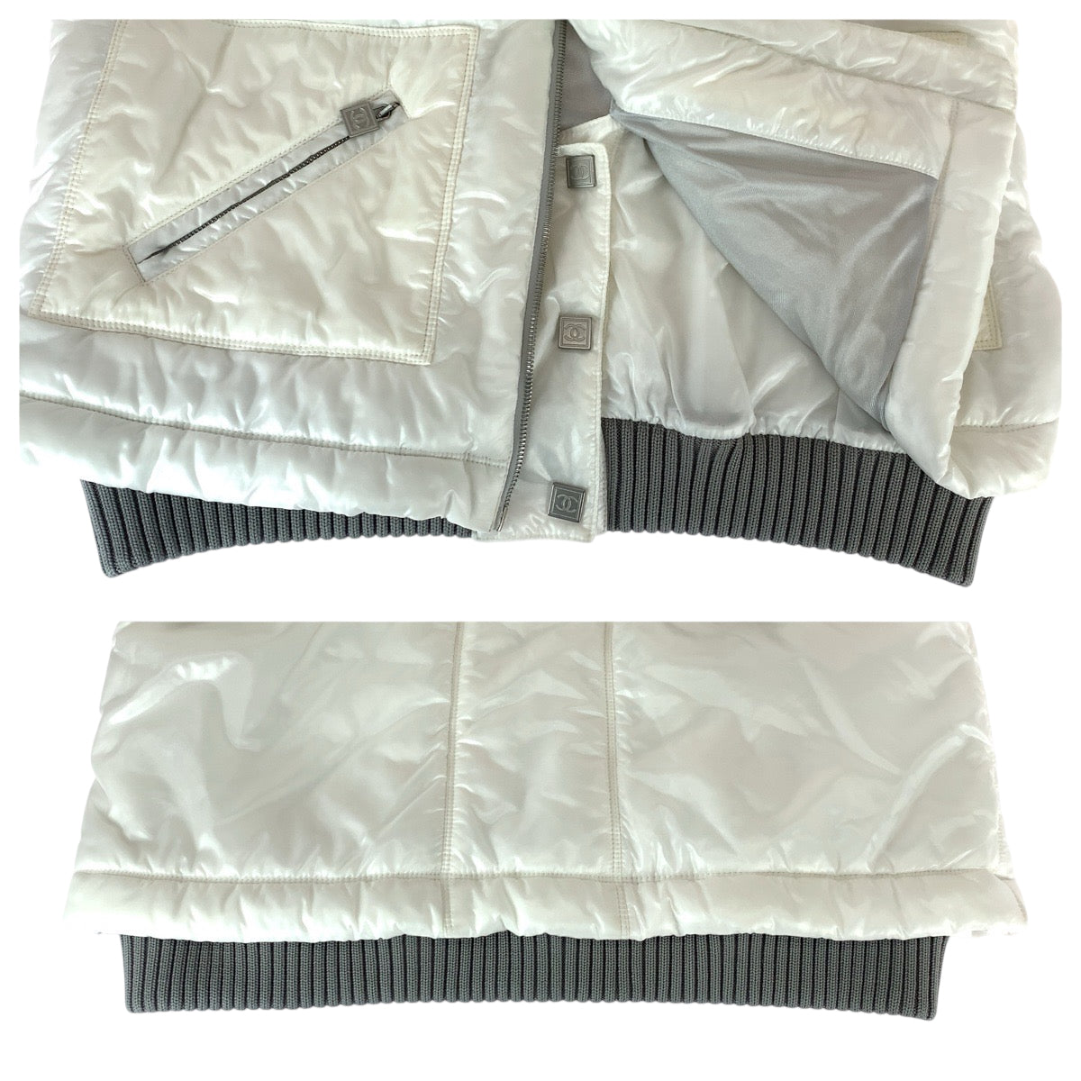 22580
CHANEL シャネル ココマーク サイズ44 ホワイト グレー シルバー金具 ナイロン P21850V13361 ダウンジャケット アウター ナイロンジャケット メンズ ABP100