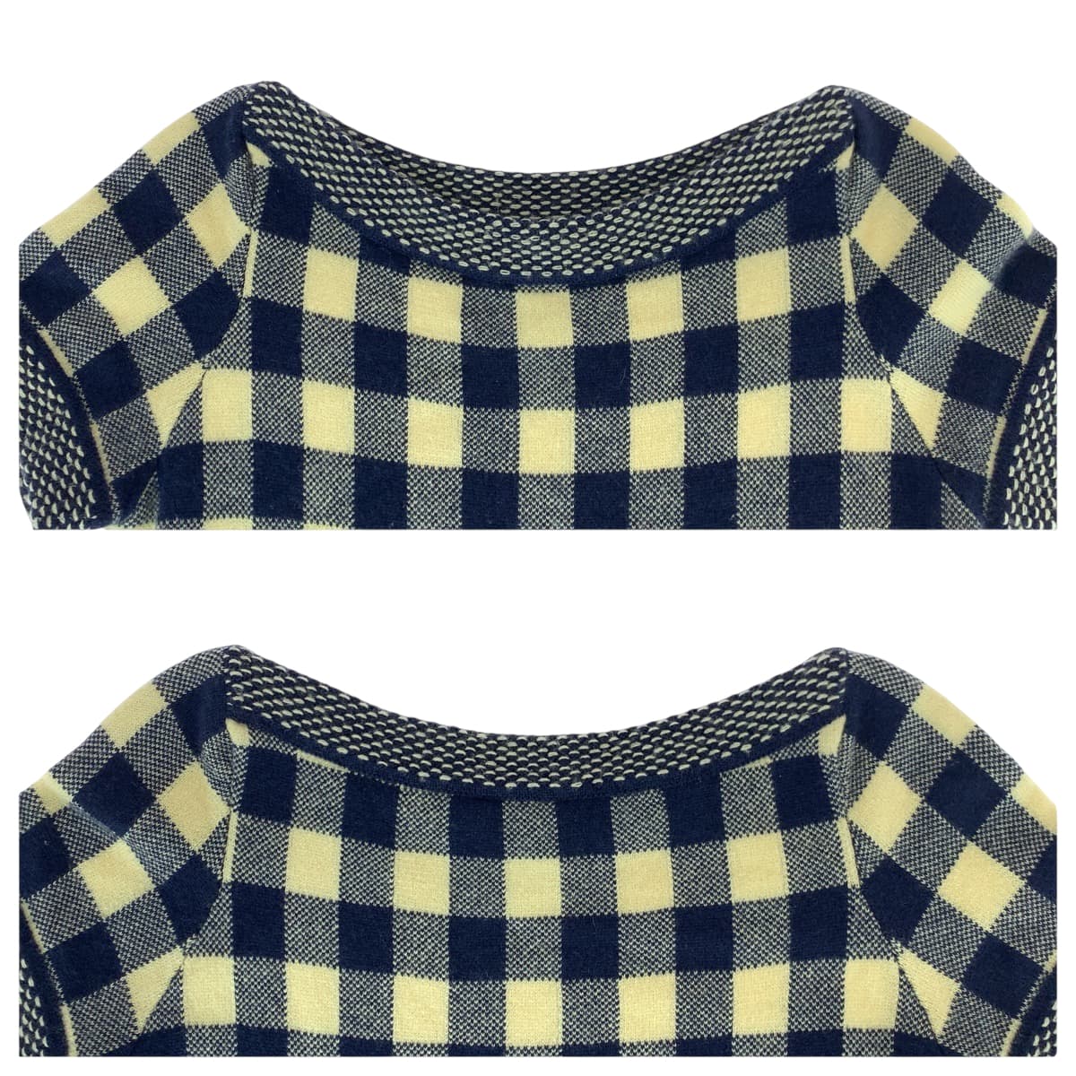 22582
CHANEL シャネル ココマーク チェック サイズ 38 ネイビー オフホワイト カシミヤ P40300K02908 ワンピース ニットワンピース スカート レディース A80