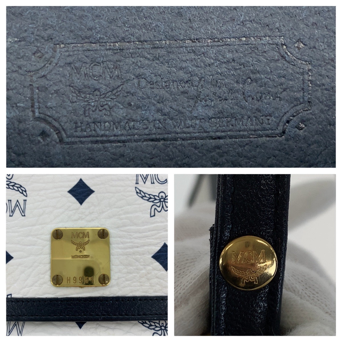 22586
MCM エム シー エム ヴィセトス ホワイト ネイビー ゴールド金具 レザー ショルダーバッグ ポシェット レディース ABP30