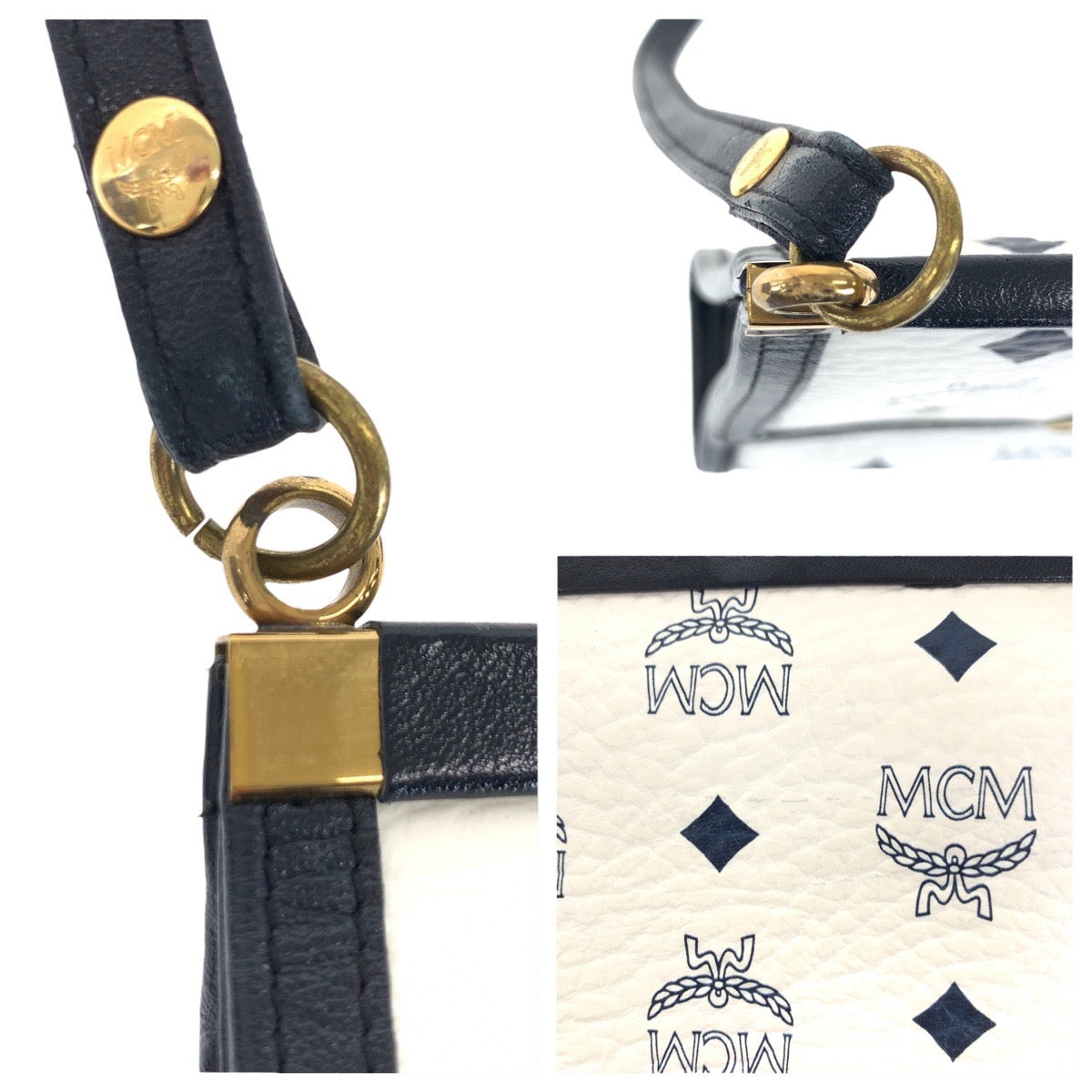 22586
MCM エム シー エム ヴィセトス ホワイト ネイビー ゴールド金具 レザー ショルダーバッグ ポシェット レディース ABP30