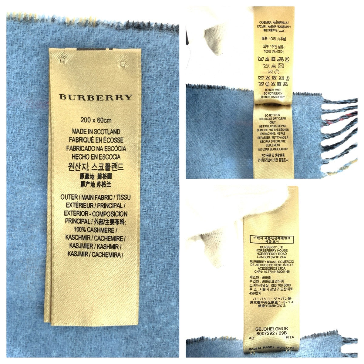 22589
BURBERRY Checkered Blue Multicolor Cashmere 8007292 Scarf Stole Unisex Women's A35