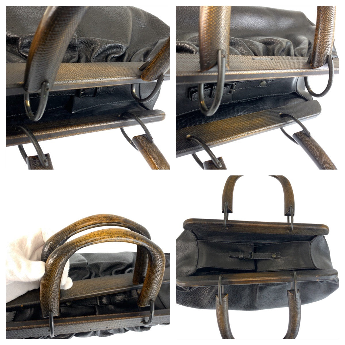 22603
GUCCI グッチ ウッドハンドル ブラック 黒 レザー / ウッド 105377 ハンドバッグ レディース ABP56