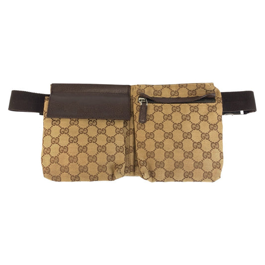 22615
GUCCI グッチ ベージュ ブラウン シルバー金具 GGキャンバス / レザー 28566 ボディバッグ ウエストバッグ バムバッグ レディース AB35