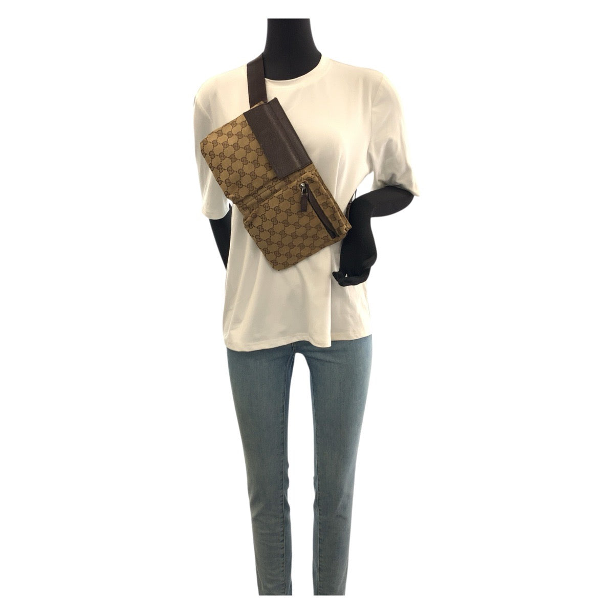 22615
GUCCI グッチ ベージュ ブラウン シルバー金具 GGキャンバス / レザー 28566 ボディバッグ ウエストバッグ バムバッグ レディース AB35