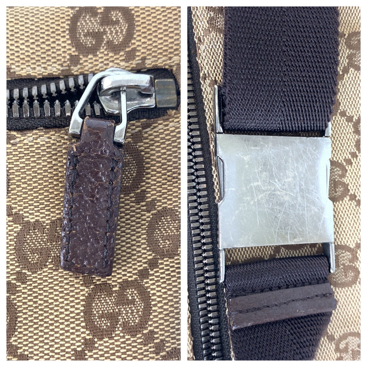 22615
GUCCI グッチ ベージュ ブラウン シルバー金具 GGキャンバス / レザー 28566 ボディバッグ ウエストバッグ バムバッグ レディース AB35