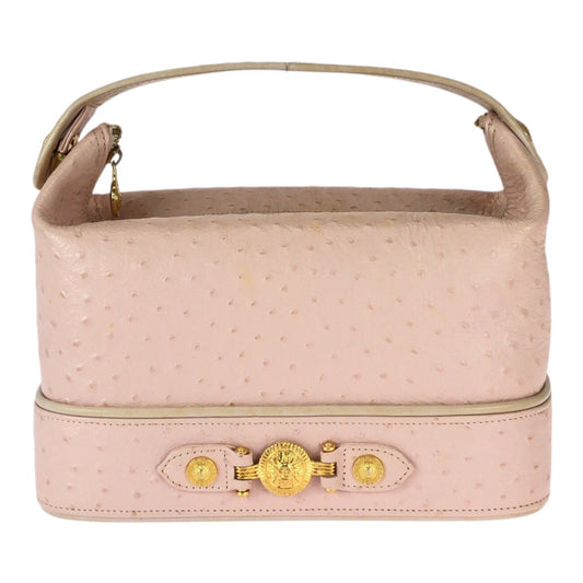 22639
VERSACE ヴェルサーチ ヴィンテージ サンバースト 型押し ピンク ゴールド金具 レザー ハンドバッグ バニティバッグ レディース AB35