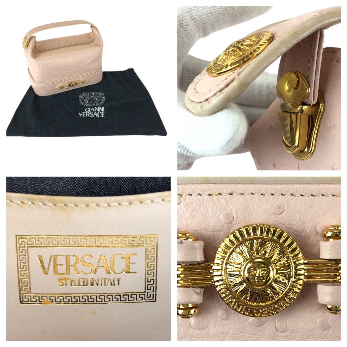 22639
VERSACE ヴェルサーチ ヴィンテージ サンバースト 型押し ピンク ゴールド金具 レザー ハンドバッグ バニティバッグ レディース AB35