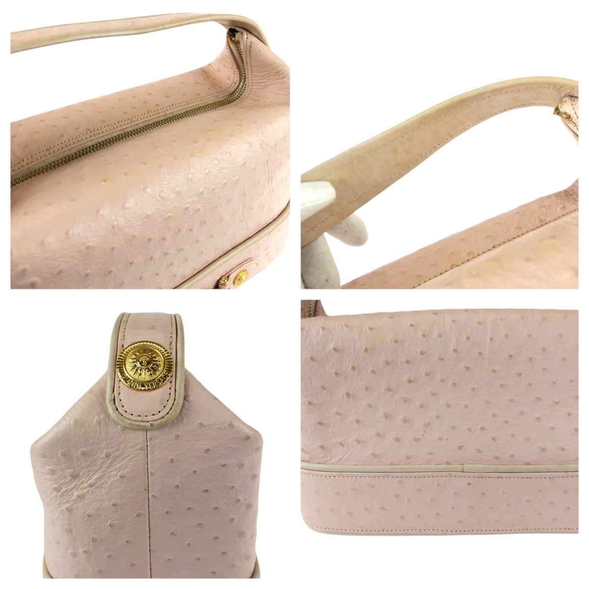 22639
VERSACE ヴェルサーチ ヴィンテージ サンバースト 型押し ピンク ゴールド金具 レザー ハンドバッグ バニティバッグ レディース AB35