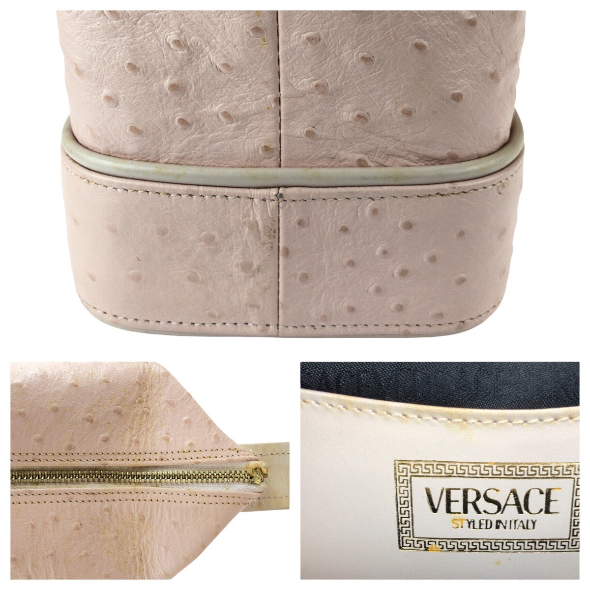 22639
VERSACE ヴェルサーチ ヴィンテージ サンバースト 型押し ピンク ゴールド金具 レザー ハンドバッグ バニティバッグ レディース AB35