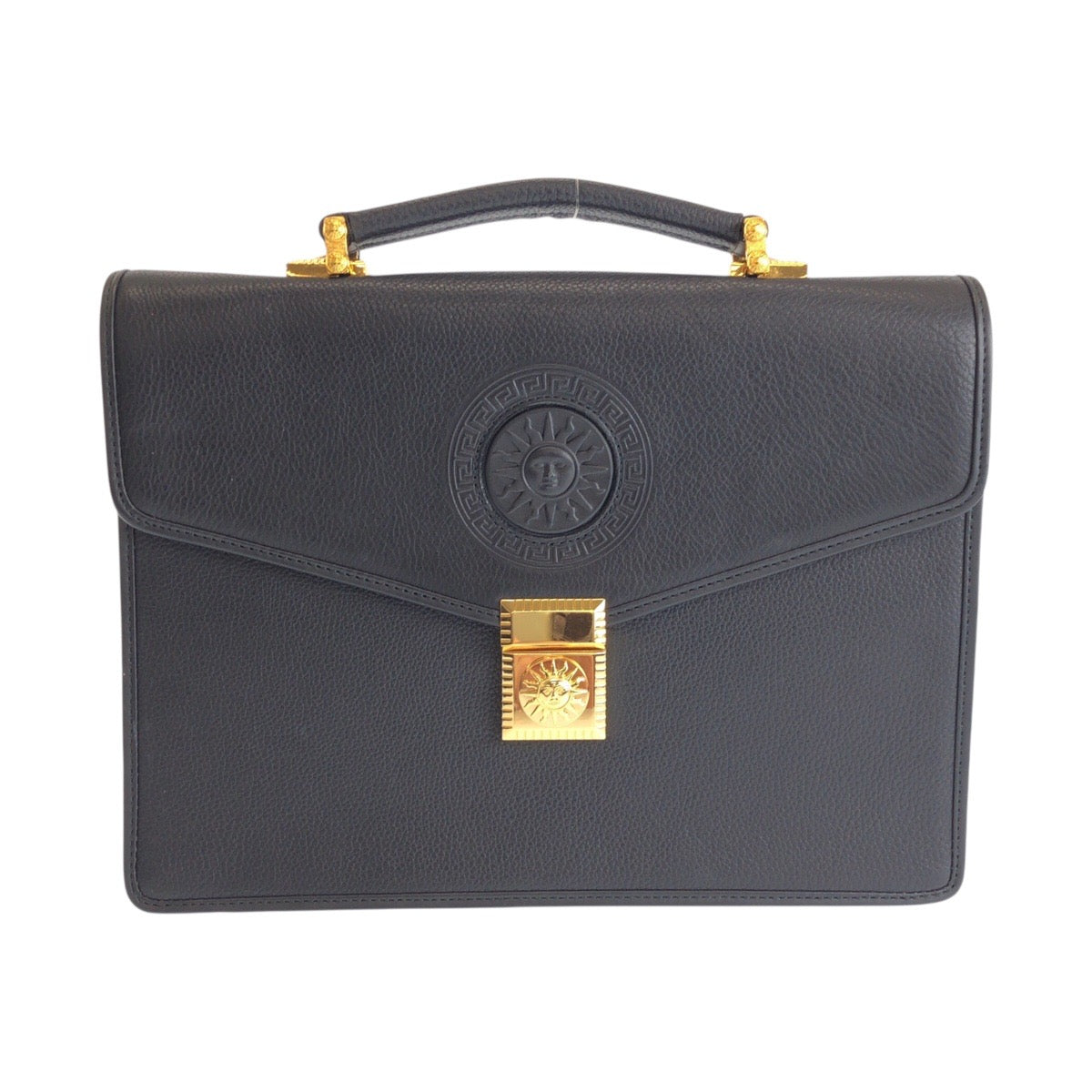 22654
VERSACE ヴェルサーチ ヴィンテージ サンバースト ブラック 黒 ゴールド金具 レザー セカンドバッグ クラッチバッグ ビジネスバッグ メンズ A56