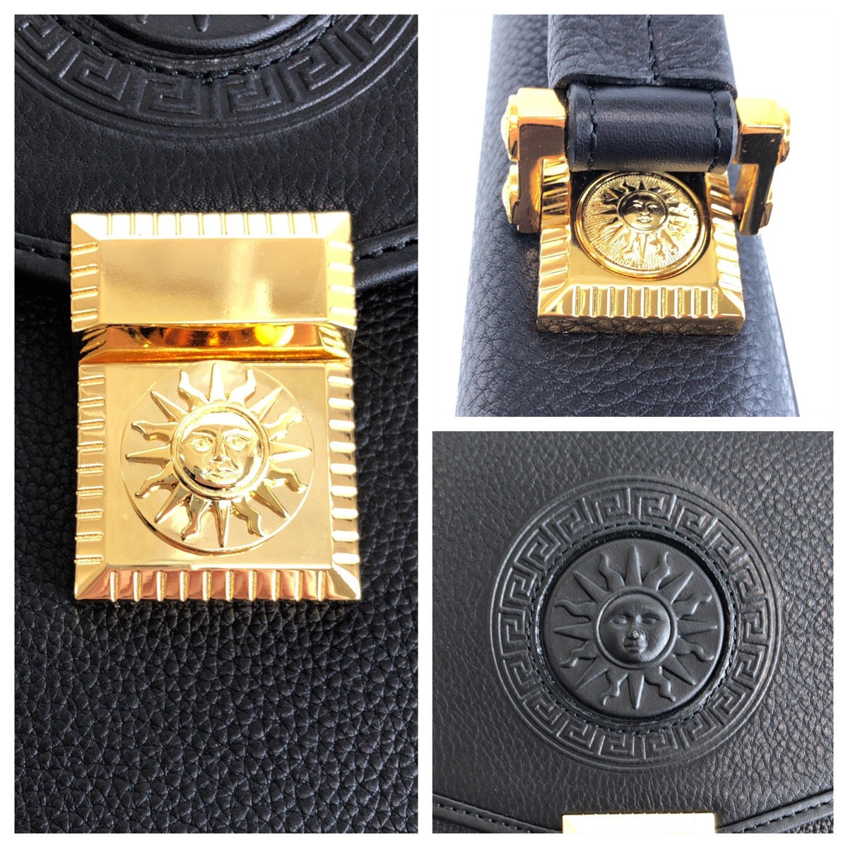 22654
VERSACE ヴェルサーチ ヴィンテージ サンバースト ブラック 黒 ゴールド金具 レザー セカンドバッグ クラッチバッグ ビジネスバッグ メンズ A56