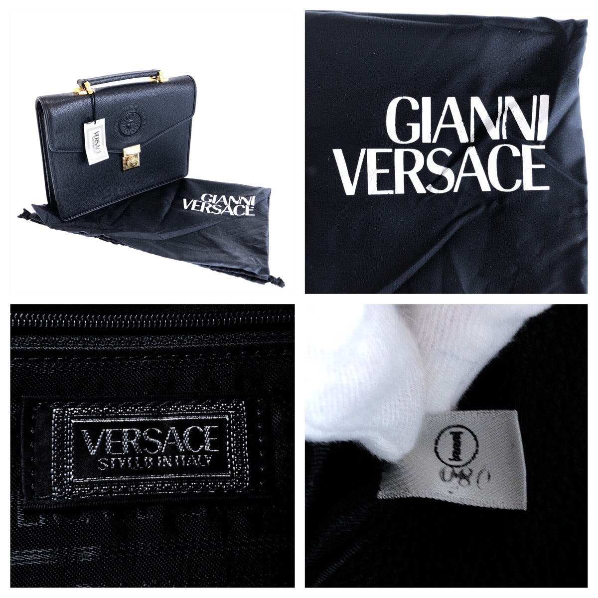 22654
VERSACE ヴェルサーチ ヴィンテージ サンバースト ブラック 黒 ゴールド金具 レザー セカンドバッグ クラッチバッグ ビジネスバッグ メンズ A56