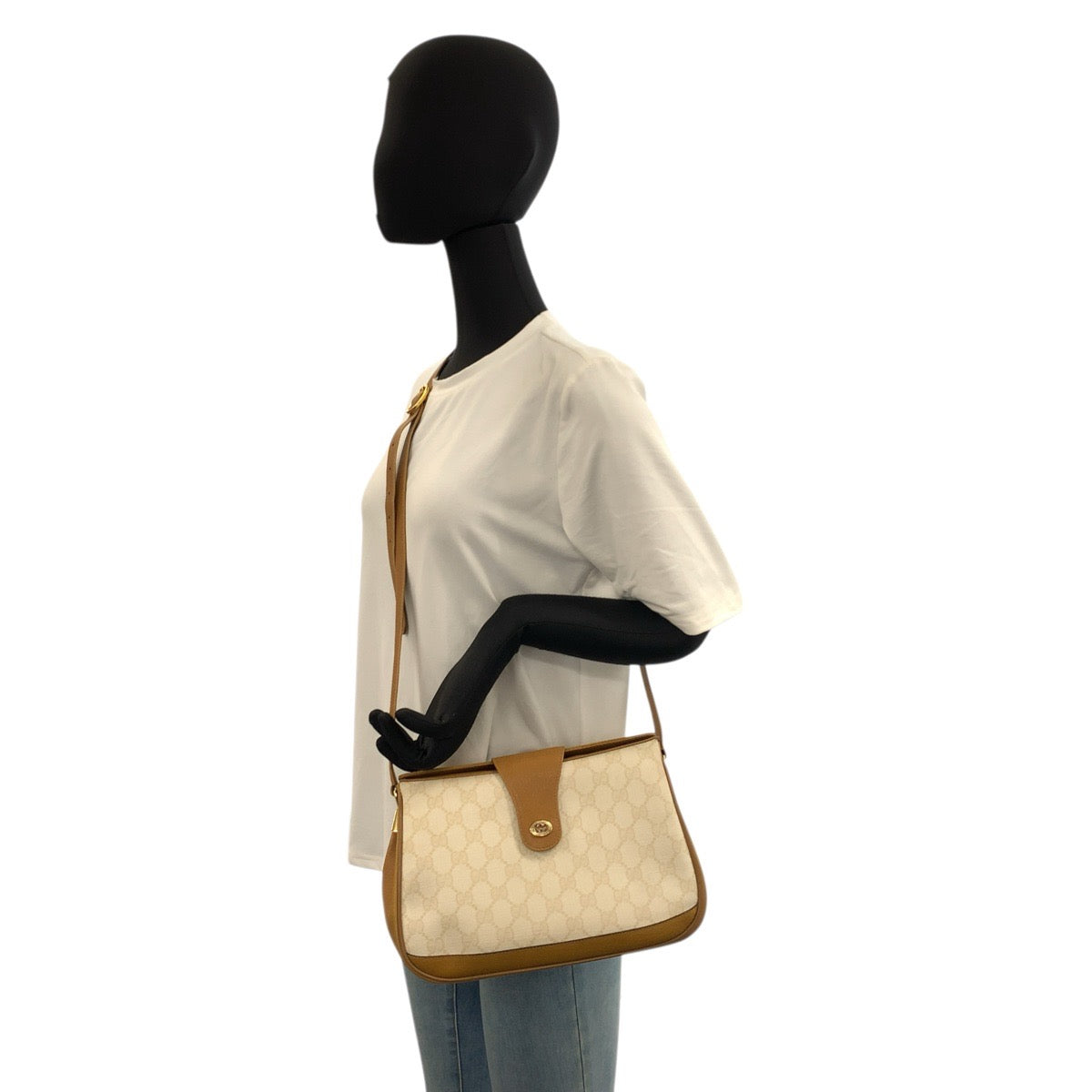 22663
GUCCI グッチ ヴィンテージ アイボリー ブラウン ゴールド金具 GGスプリームキャンバス / レザー 116 02 076 ショルダーバッグ ポシェット レディース AB35