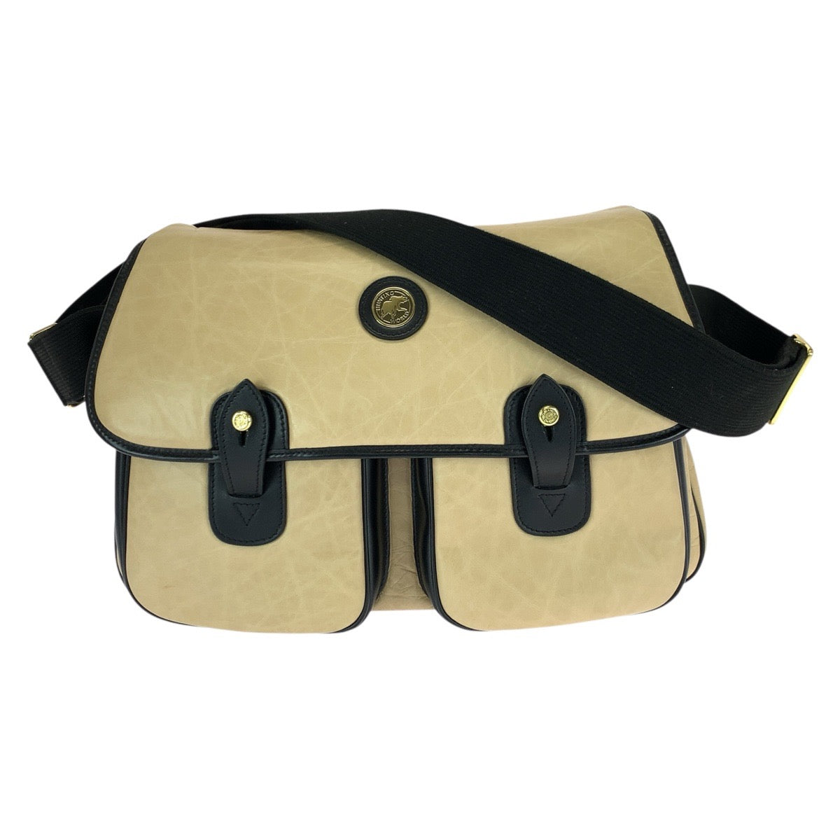 22666
HUNTING WORLD ハンティングワールド ベージュ ブラック ゴールド金具 バチュークロス ショルダーバッグ メッセンジャーバッグ レディース ABP28