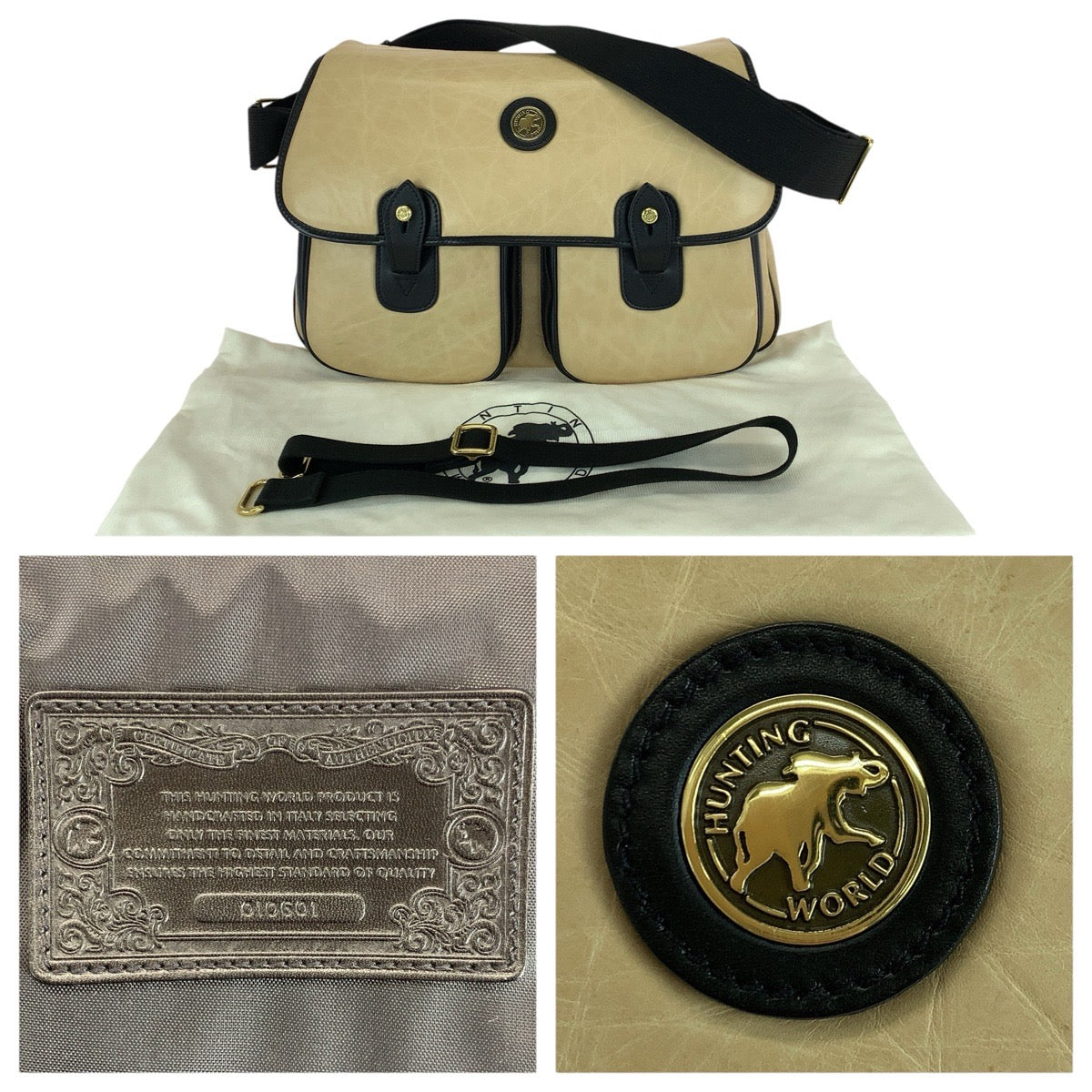 22666
HUNTING WORLD ハンティングワールド ベージュ ブラック ゴールド金具 バチュークロス ショルダーバッグ メッセンジャーバッグ レディース ABP28
