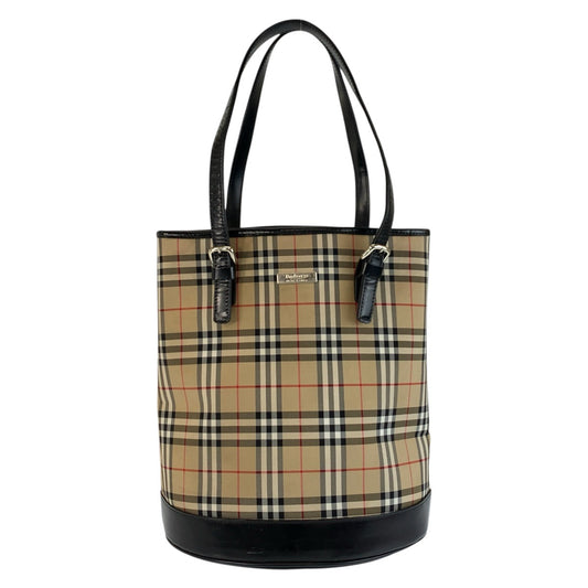 22710
BURBERRY バーバリー チェック柄 ベージュ ブラック 黒 シルバー金具 キャンバス / レザー トートバッグ ショルダーバッグ レディース ABP28