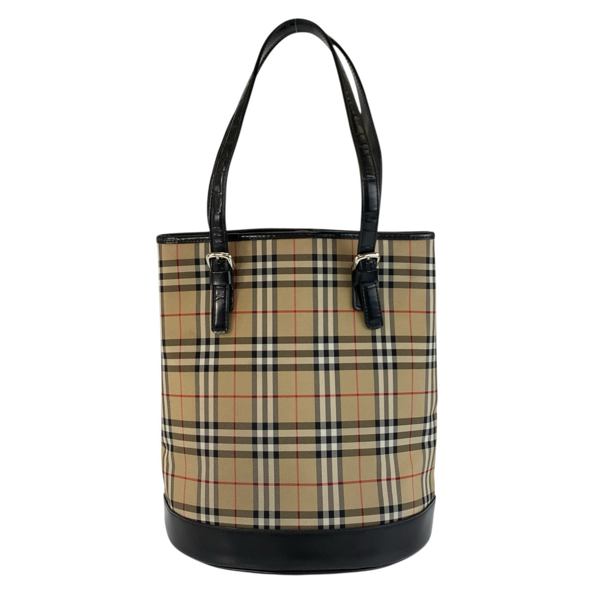 22710
BURBERRY バーバリー チェック柄 ベージュ ブラック 黒 シルバー金具 キャンバス / レザー トートバッグ ショルダーバッグ レディース ABP28
