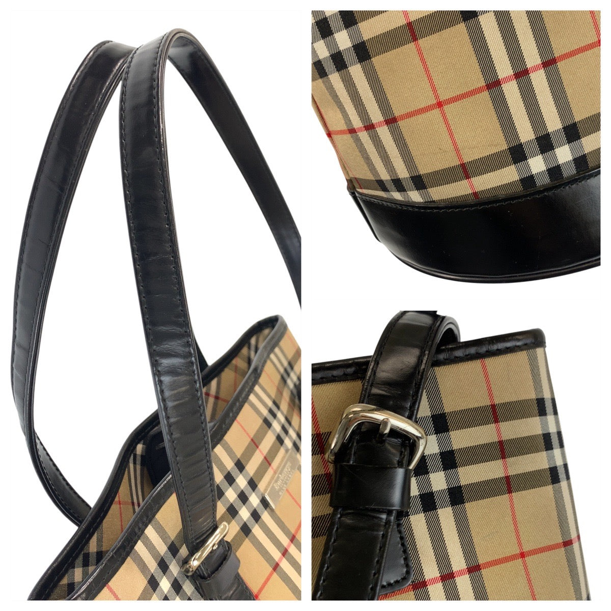 22710
BURBERRY バーバリー チェック柄 ベージュ ブラック 黒 シルバー金具 キャンバス / レザー トートバッグ ショルダーバッグ レディース ABP28