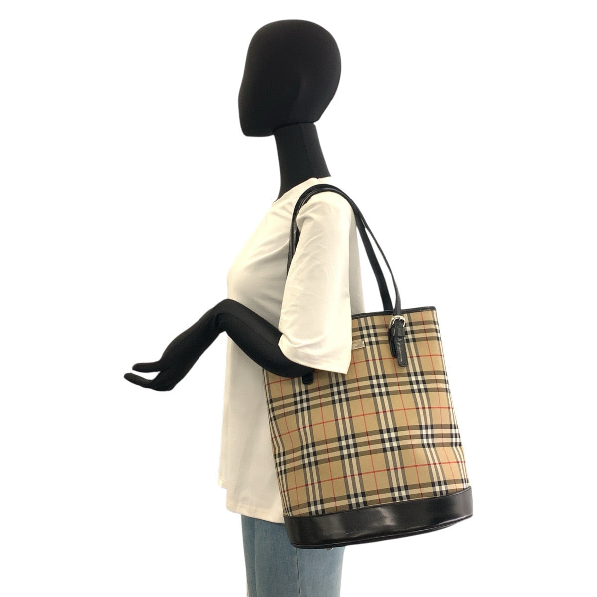 22710
BURBERRY バーバリー チェック柄 ベージュ ブラック 黒 シルバー金具 キャンバス / レザー トートバッグ ショルダーバッグ レディース ABP28