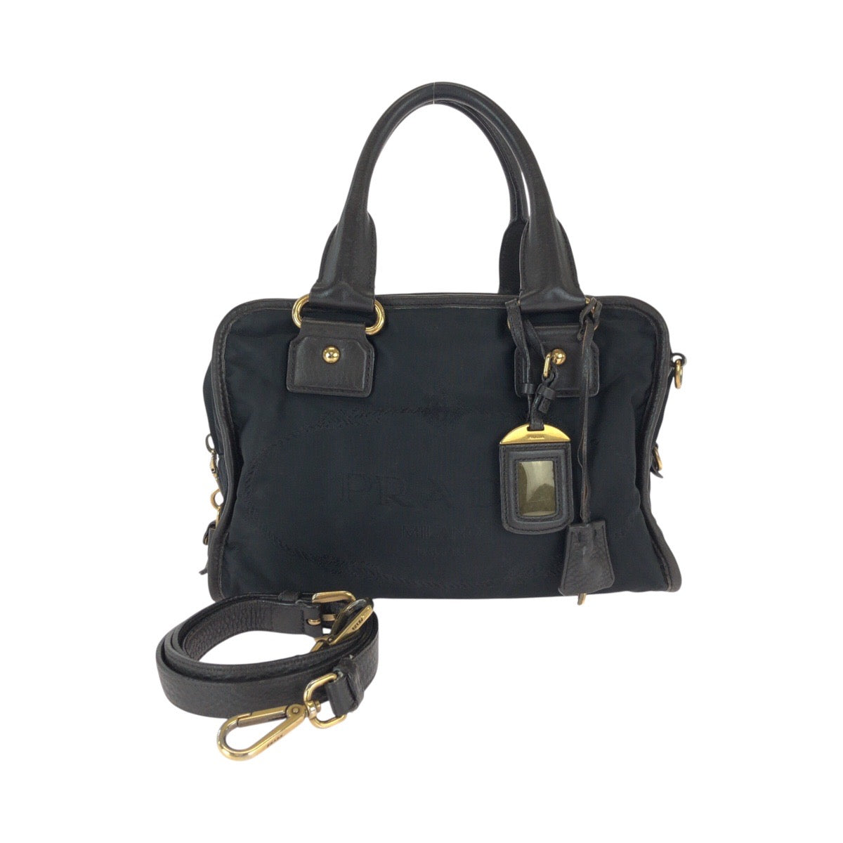 22736
PRADA プラダ 三角ロゴプレート ブラック 黒 ゴールド金具 ナイロン / レザー ハンドバッグ ショルダーバッグ レディース ABP42
