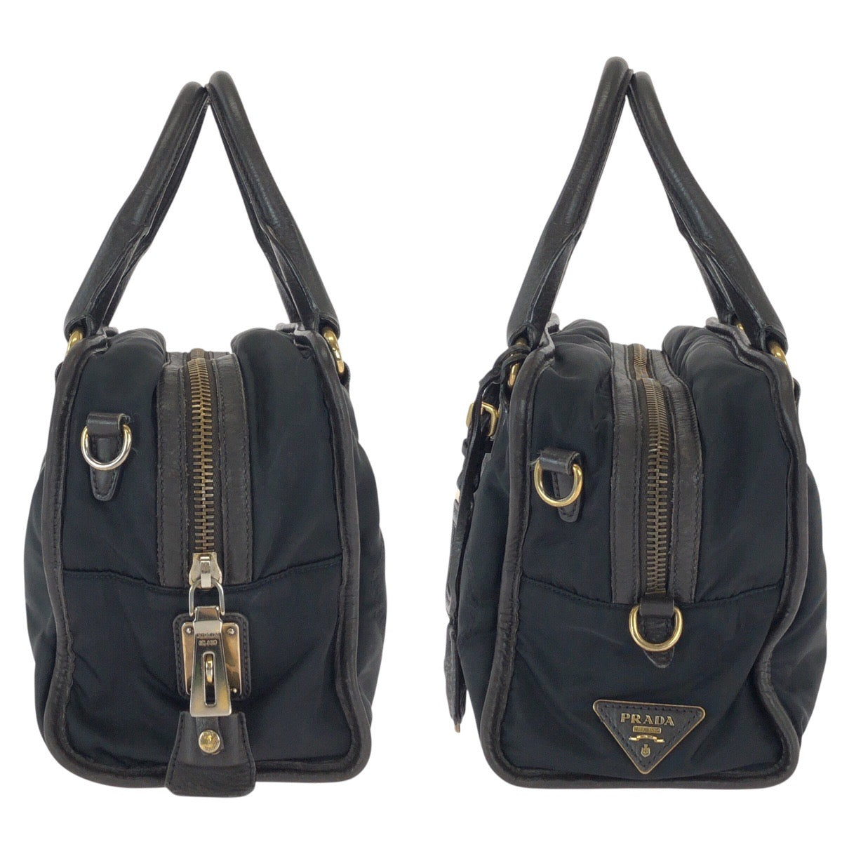 22736
PRADA プラダ 三角ロゴプレート ブラック 黒 ゴールド金具 ナイロン / レザー ハンドバッグ ショルダーバッグ レディース ABP42