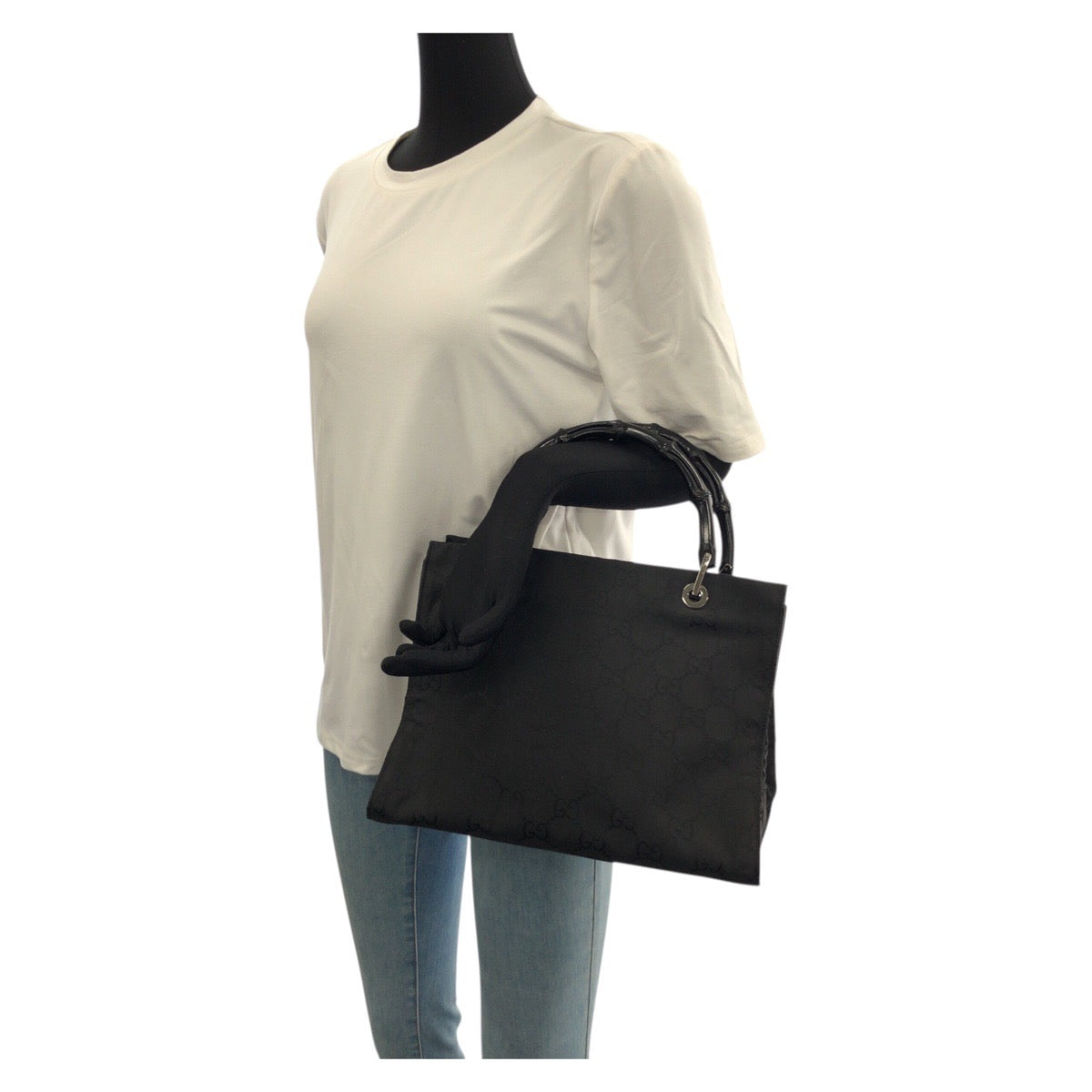 22757
GUCCI グッチ バンブー GG柄 ブラック 黒 シルバー金具 ナイロン 002.1016 トートバッグ ハンドバッグ レディース AB22