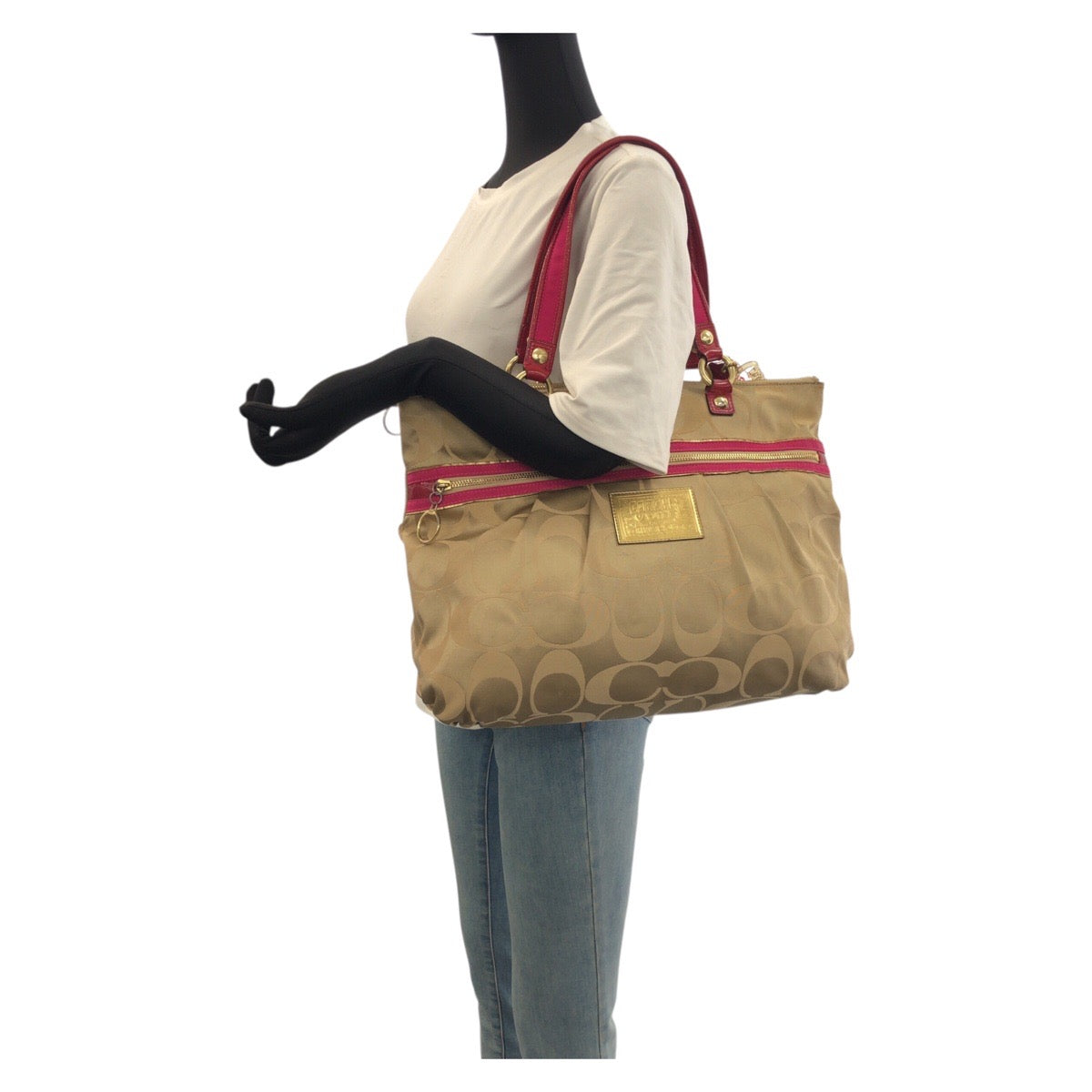 22765
COACH コーチ ポピー シグネチャー ベージュ ピンク ゴールド金具 キャンバス / パテントレザー 15316 トートバッグ ショルダーバッグ レディース AB4