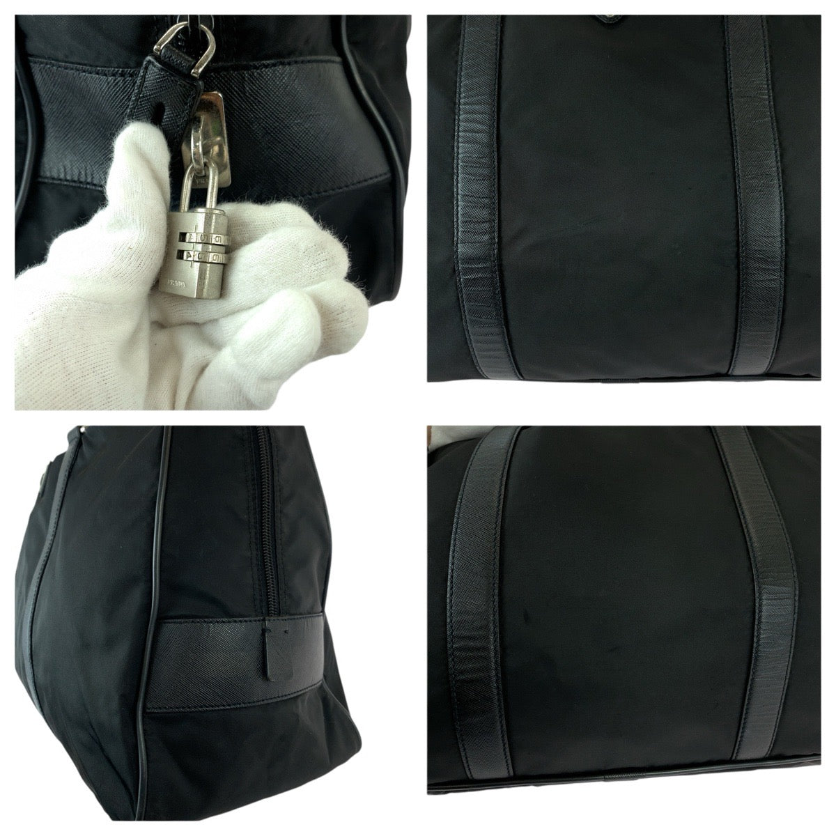 22778
PRADA プラダ テスート サフィアーノ 三角ロゴプレート ブラック 黒 シルバー金具 ナイロン / レザー ボストンバッグ トートバッグ メンズ ABP42