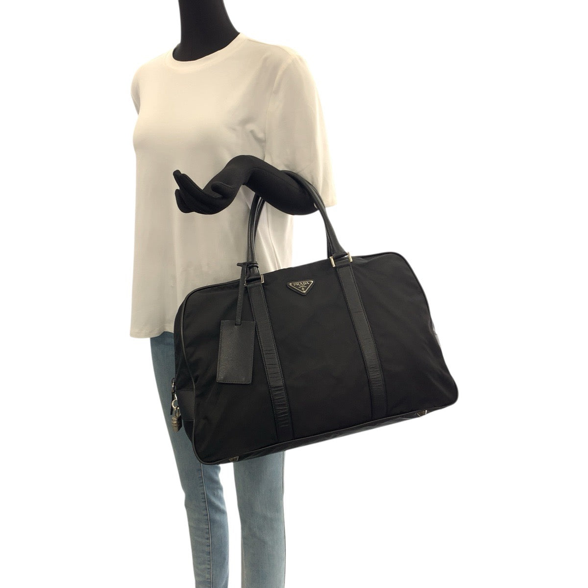 22778
PRADA プラダ テスート サフィアーノ 三角ロゴプレート ブラック 黒 シルバー金具 ナイロン / レザー ボストンバッグ トートバッグ メンズ ABP42