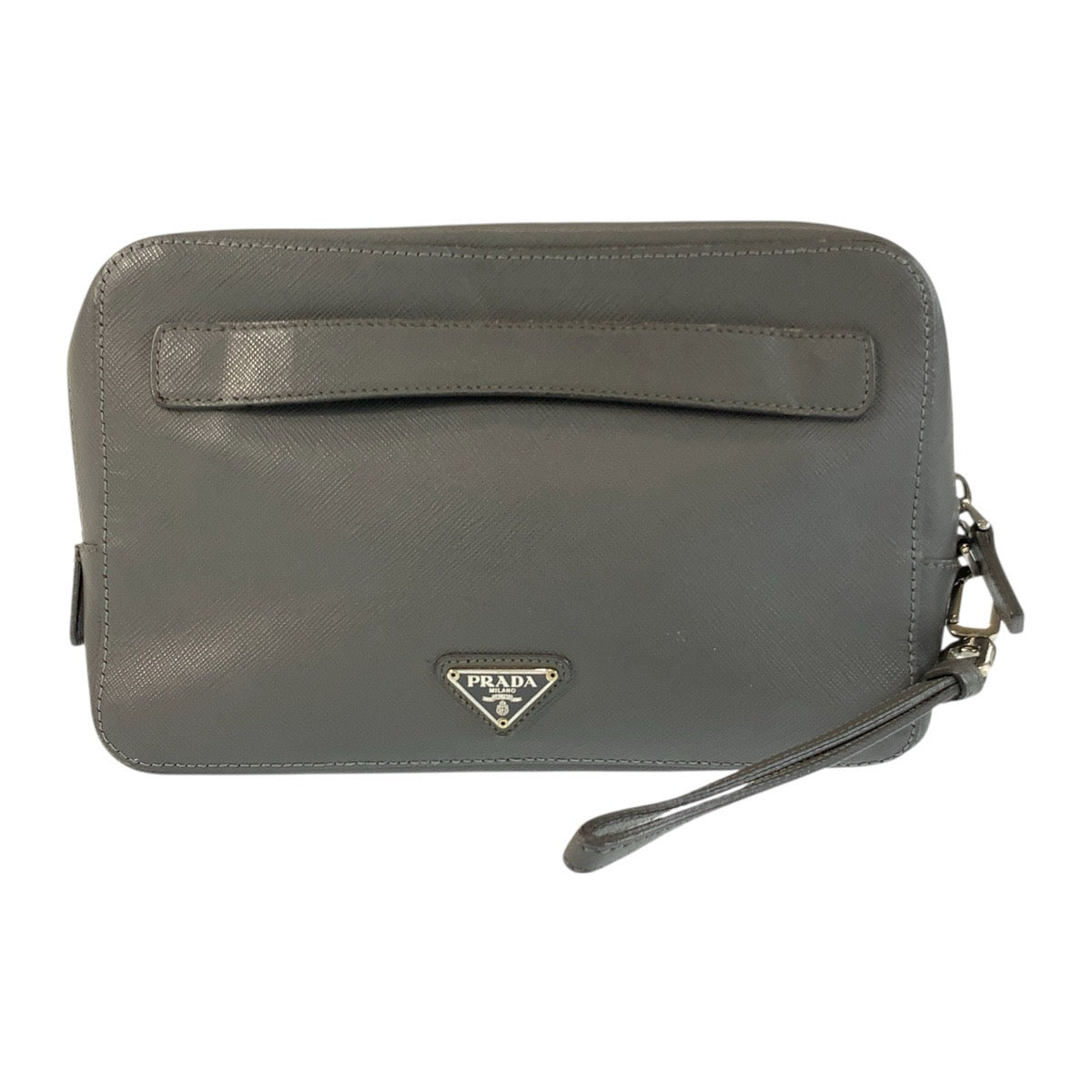 22780
PRADA プラダ サフィアーノ 三角ロゴプレート グレー シルバー金具 レザー クラッチバッグ セカンドバッグ メンズ AB28