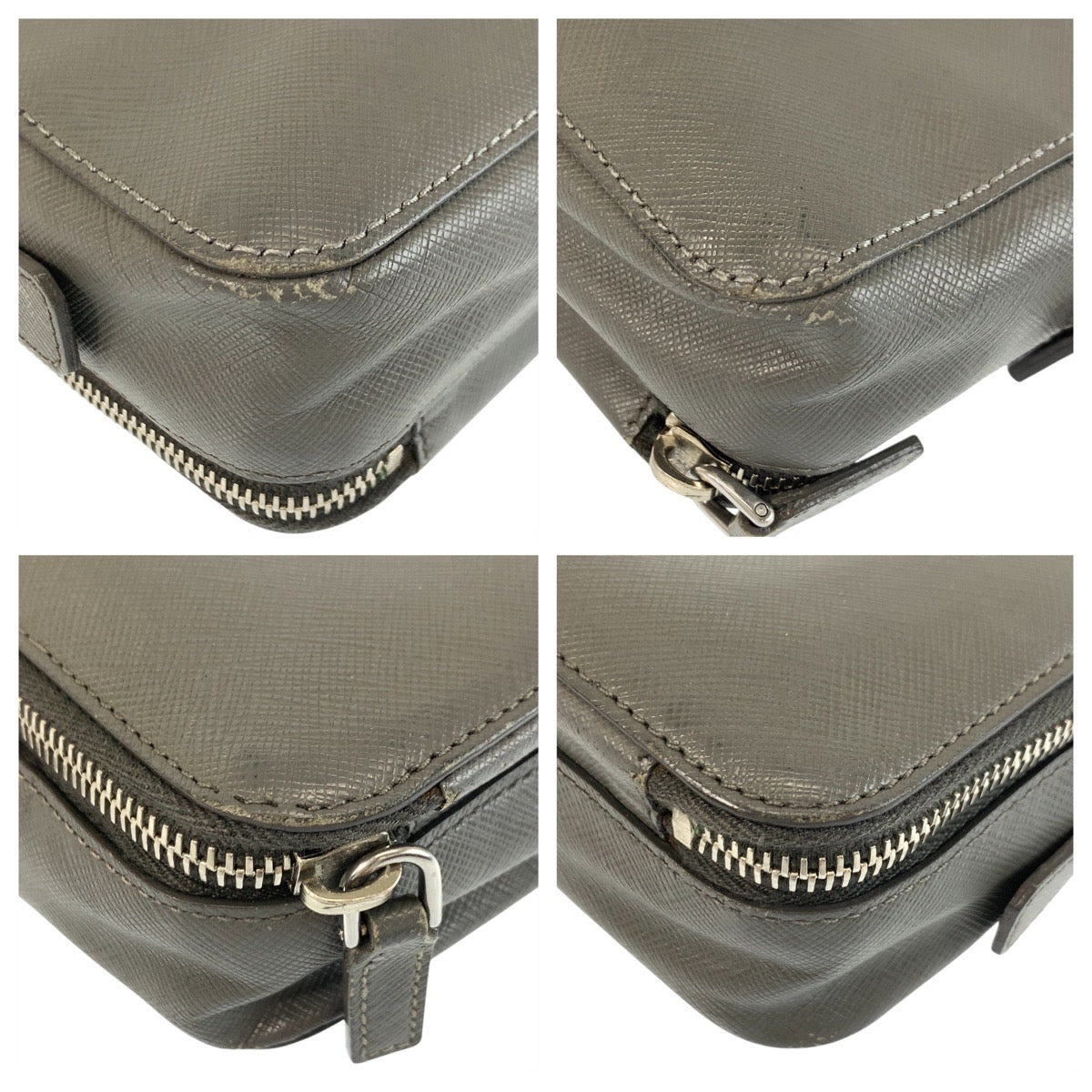 22780
PRADA プラダ サフィアーノ 三角ロゴプレート グレー シルバー金具 レザー クラッチバッグ セカンドバッグ メンズ AB28