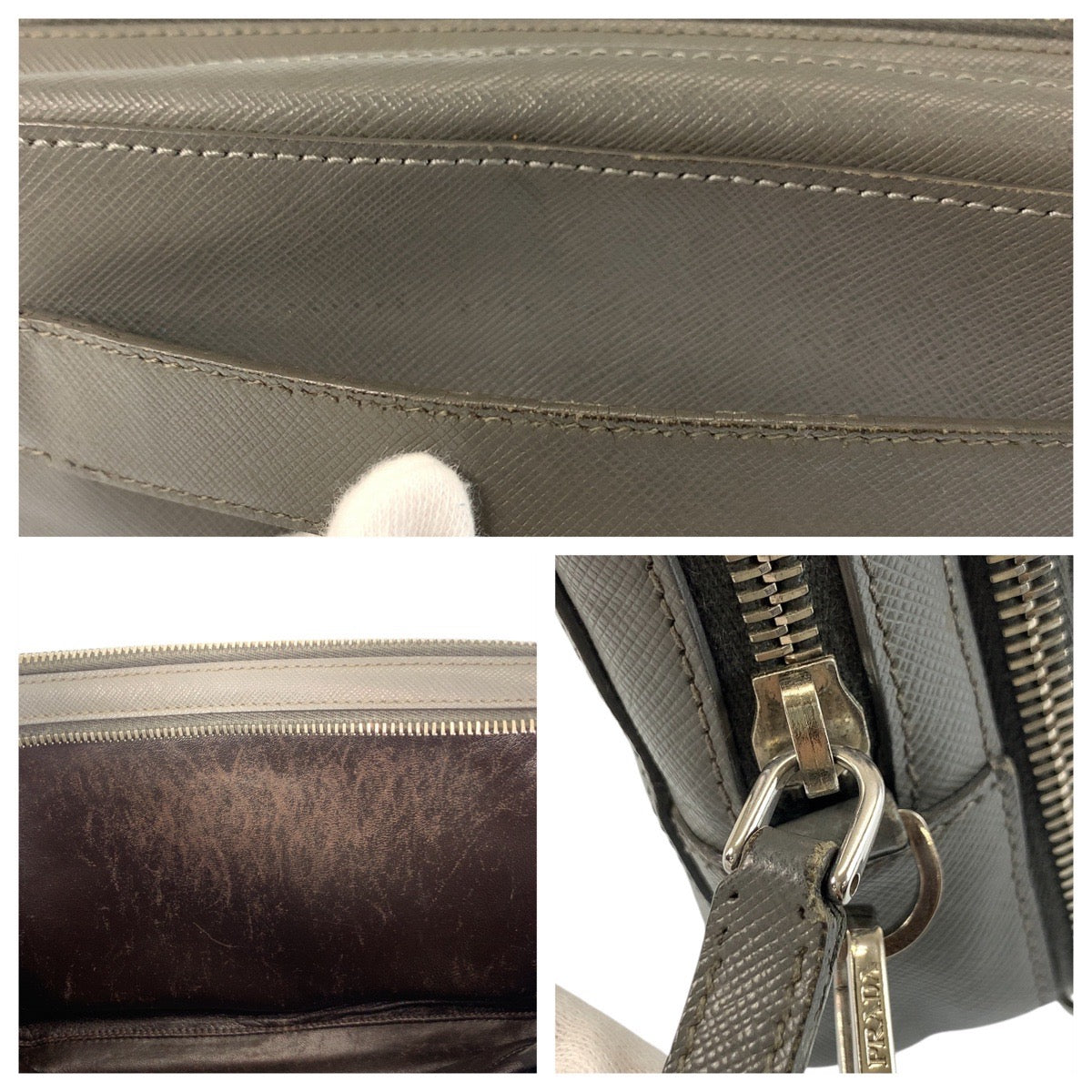 22780
PRADA プラダ サフィアーノ 三角ロゴプレート グレー シルバー金具 レザー クラッチバッグ セカンドバッグ メンズ AB28