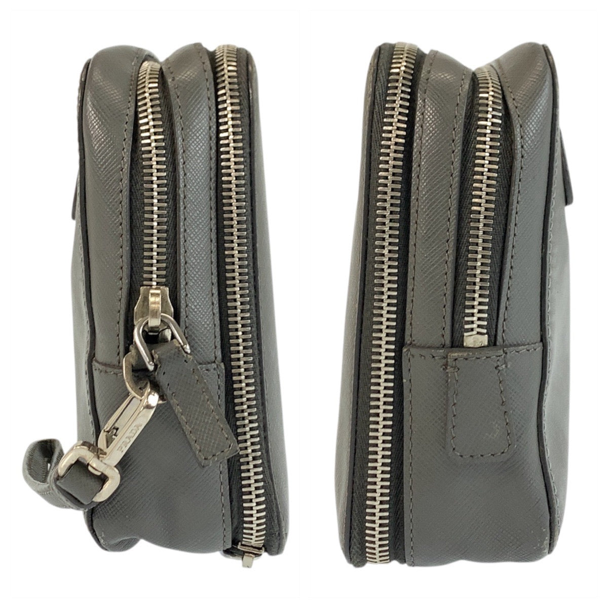 22780
PRADA プラダ サフィアーノ 三角ロゴプレート グレー シルバー金具 レザー クラッチバッグ セカンドバッグ メンズ AB28