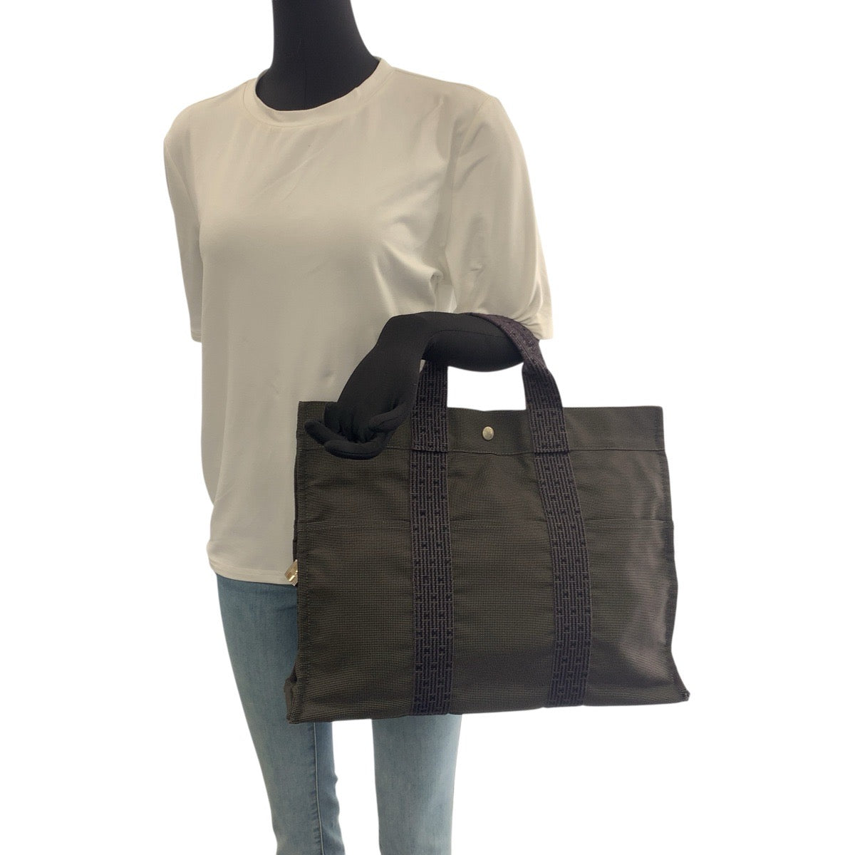 22783
HERMES エルメス エールライン MM グレー シルバー金具 キャンバス トートバッグ 男女兼用 メンズ AB28